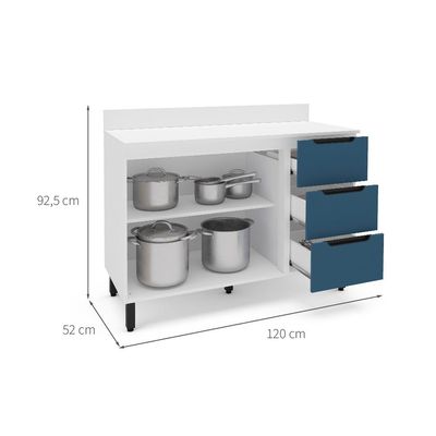 Balcão de Cozinha Meena com Tampo 2 Portas 3 Gavetas Azul e Branco