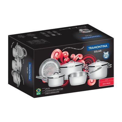 Jogo de Panelas Tramontina Solar 5 Peças em Aço Inox com Fundo Triplo e Tampas de Inox