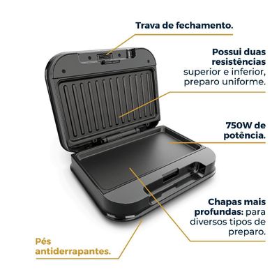 Grill e Sanduicheira Britânia Preto 750W 2 em 1 BGR24A 127V