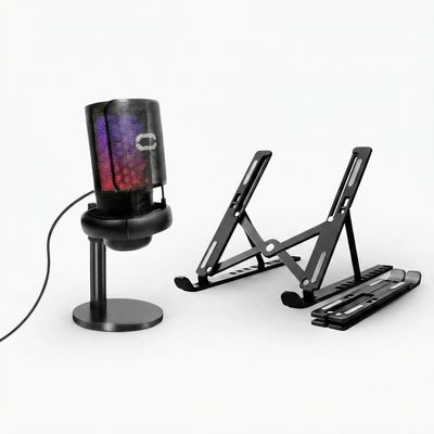 Kit Profissional: Microfone Gamer RGB + Suporte Ergonômico Ajustável para Notebook