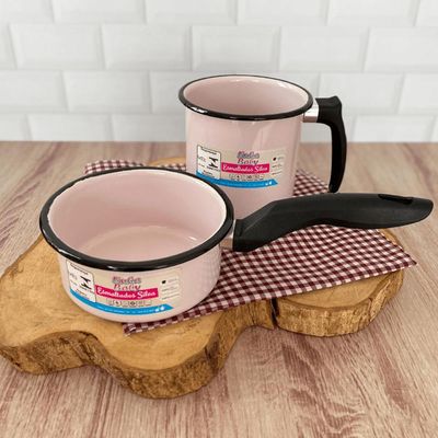 Jogo Papeiros e Leiteiras Esmaltadas 12 Peças Lascadas Rosa Branco