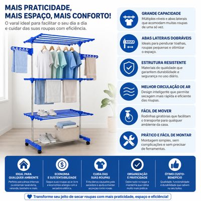 Varal Torre 3 Andares Inox Retrátil Compacto (AZUL)