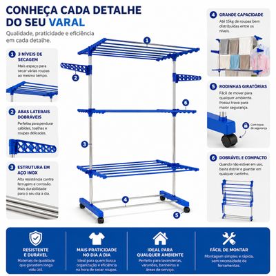 Varal Torre 3 Andares Inox Retrátil Compacto (AZUL)