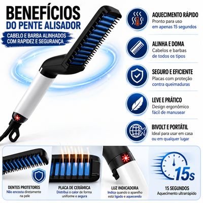 Pente Alisador de Cabelo e Barba Masculino Elétrico Bivolt