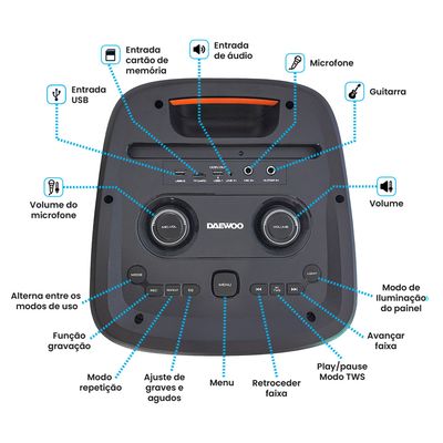 Caixa de Som Bluetooth 1200W Partybox DW2000 Daewoo Preta