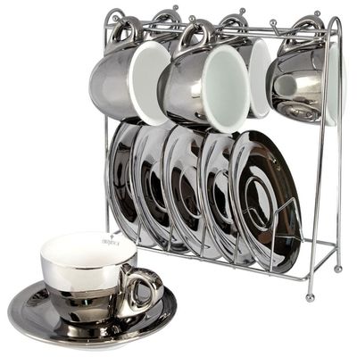 Conjunto com 6 Xícaras e Pires para Café LHermitage Chrominno em New Bone China Prata  80 ml