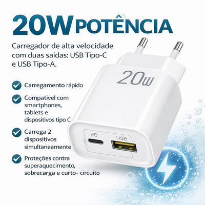 Carregador Turbo 20W USB + Tipo-C