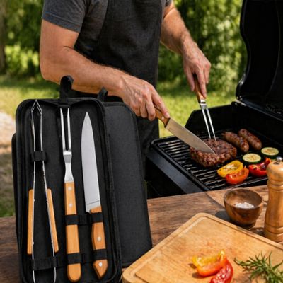 Kit de Churrasco 3 Peças em Aço Inox com Cabo de Madeira