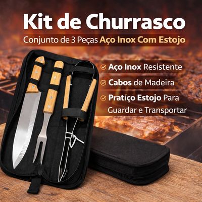 Kit de Churrasco 3 Peças em Aço Inox com Cabo de Madeira