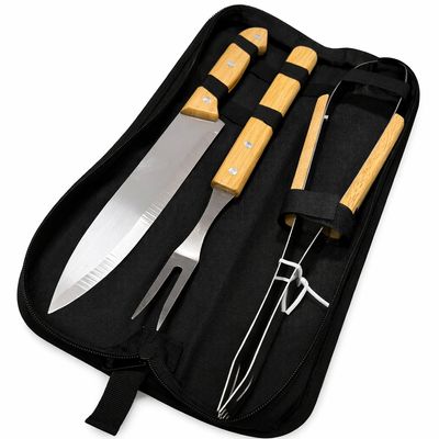 Kit de Churrasco 3 Peças em Aço Inox com Cabo de Madeira