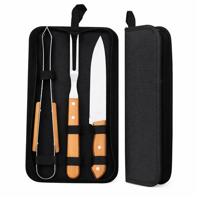 Kit de Churrasco 3 Peças em Aço Inox com Cabo de Madeira