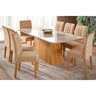 Mesa Sala Jantar Helena + 8 Cad Juliana Madeirado/Bege Cimol
