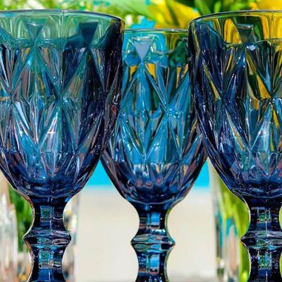 Conjunto 12 Taças De Vidro Azul Diamond 350ml Drinks Sucos Refrigerantes Águas Copo Cálice