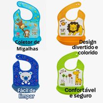 Babador Infantil Avental com Coletor de Migalhas em Silicone Impermeável e Ajustável Smart Lions