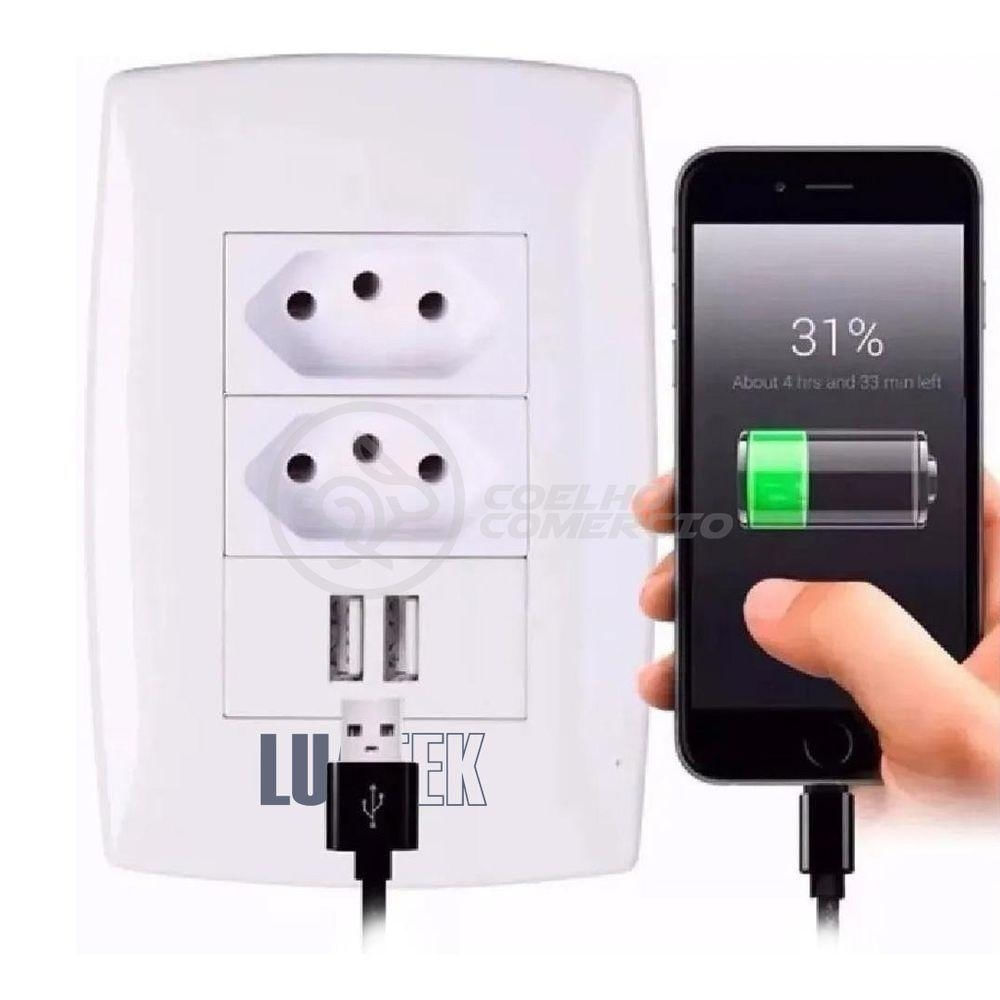 Tomada de Parede Tomada Dupla 10A com 2 USB Modelo Luxo Saída USB 5V 2100MA Branco Smart Bracelet