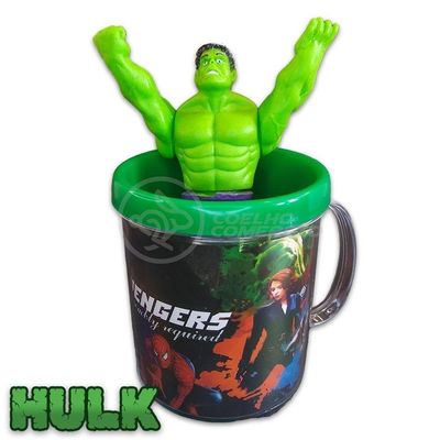 Kit Boneco Colecionável Hulk 15cm Caneca Vingador 350ML Nº12 com Action Figure Verde Smart Bracelet