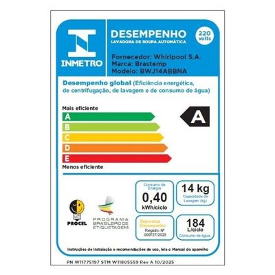 Máquina De Lavar 14kg Smart Sensor Tira Manchas Brastemp Branco 220V