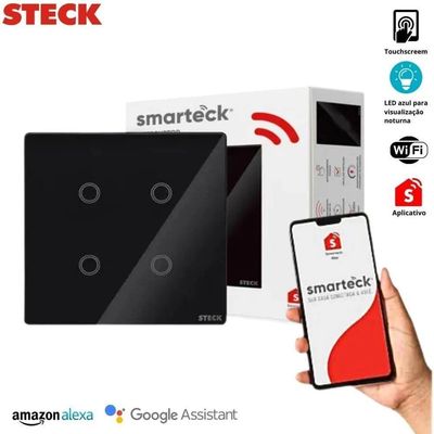 Interruptor Touch Wi-fi Smarteck 4 Módulos com Comando de Voz Preto Steck SMCI4PS2 Bivolt