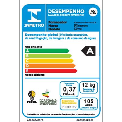 Máquina de Lavar Electrolux Efficient 12kg Branca Compacta, Econômica e Pré-diluição (LET12) 127V