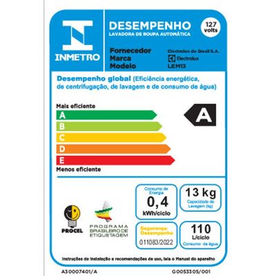 Máquina de Lavar Electrolux Efficient 13kg Branca Compacta, Pré-diluição e MaxFilter (LEM13) 127V