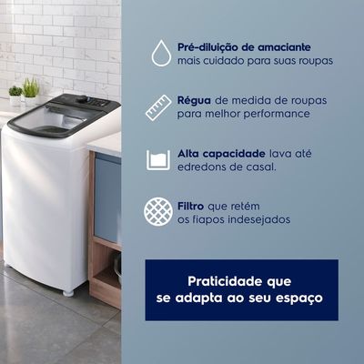 Máquina de Lavar Electrolux Efficient 13kg Branca Compacta, Pré-diluição e MaxFilter (LEM13) 220V
