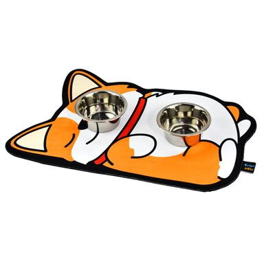 Tapete Comedouro Pet KazzaVip Parte Externa Pelúcia 1,5mm Fundo em EVA Corgi 58cmx39cm Laranja