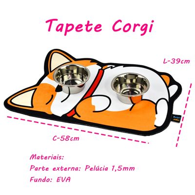 Tapete Comedouro Pet KazzaVip Parte Externa Pelúcia 1,5mm Fundo em EVA Corgi 58cmx39cm Laranja