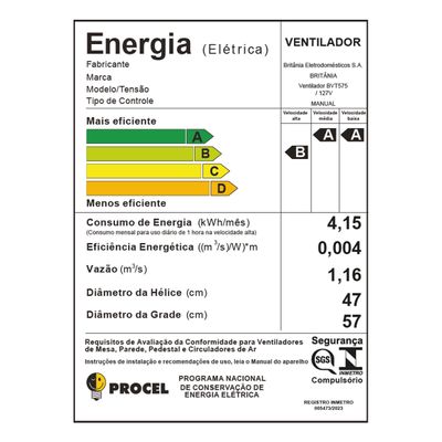 Ventilador de Parede Britânia Maxx Force 176W BVT575 127V