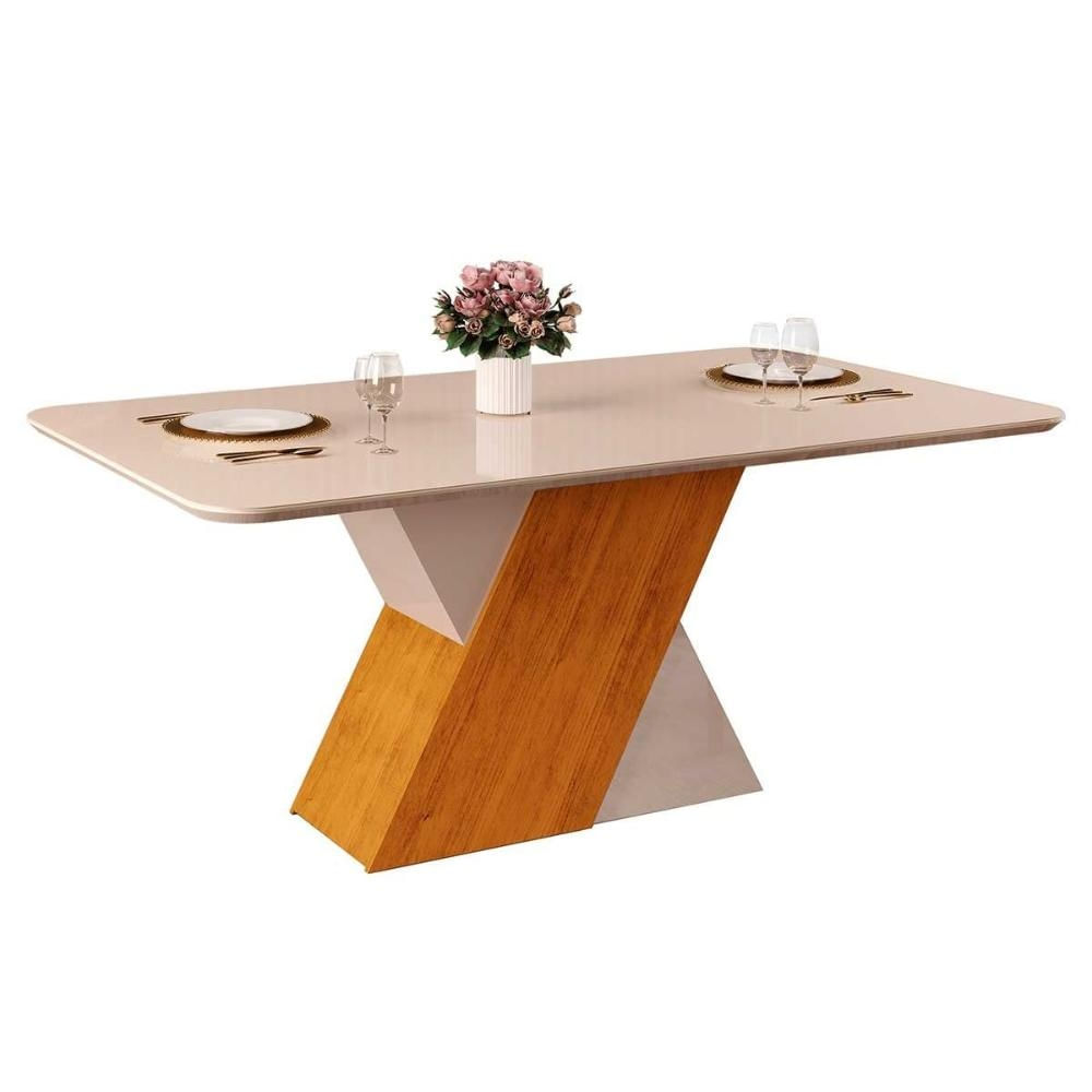 Mesa Cozinha Rubi Madeirada/Vidro 170cm Cedro/Off DJ Móveis