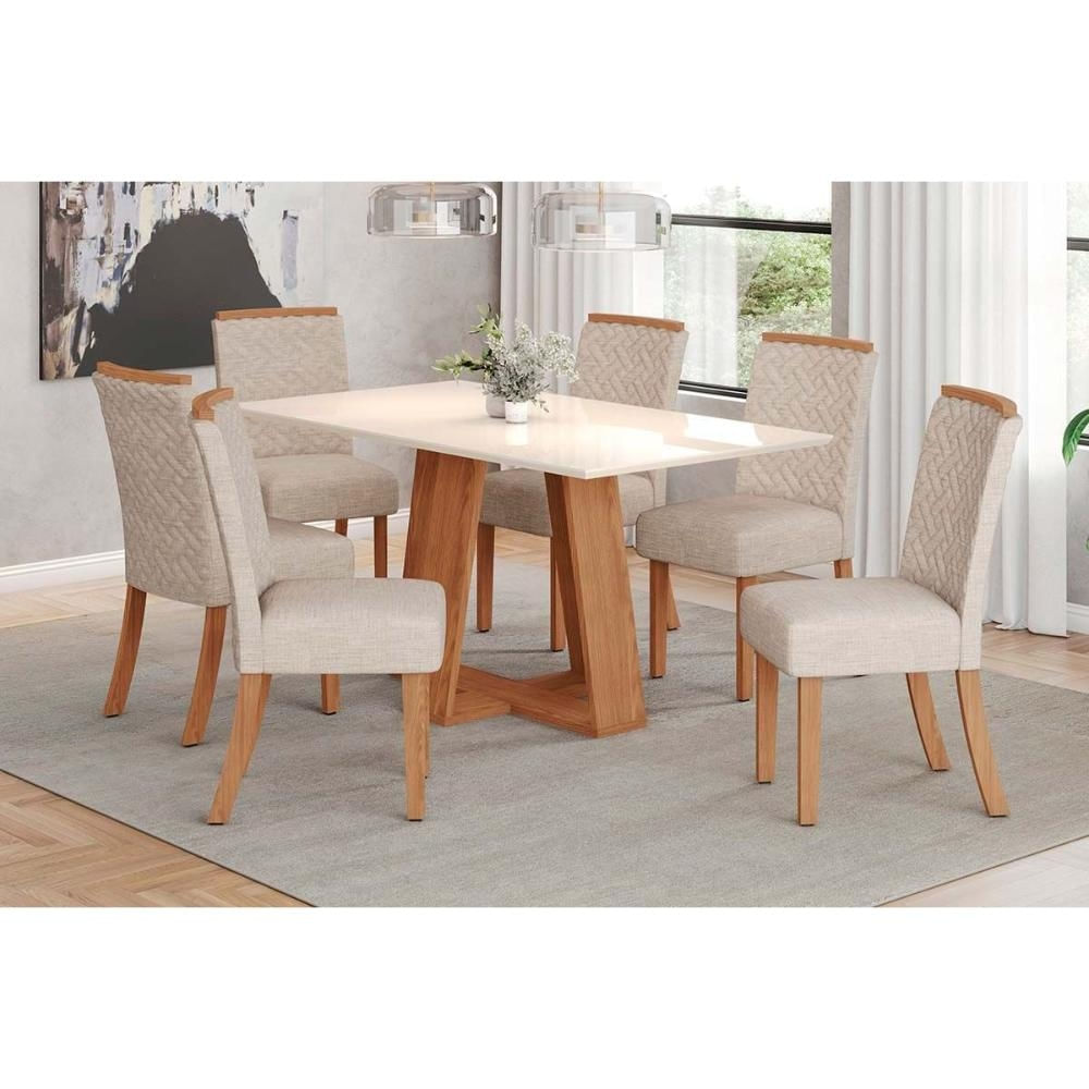 Mesa Cozinha Lins 160 + 6 Cad Malu Nature/Linho Henn