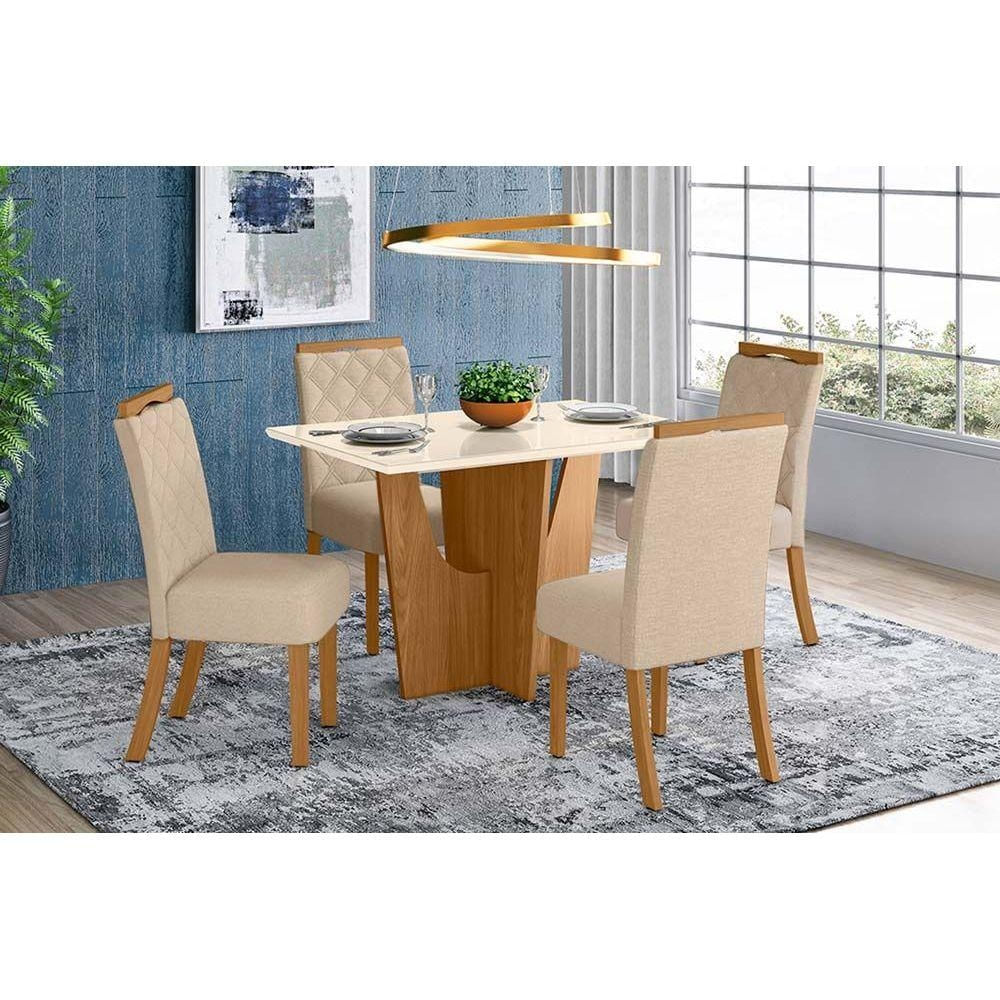 Mesa Cozinha Vértice 120 + 4 Cad Bella Nature/Linho Henn