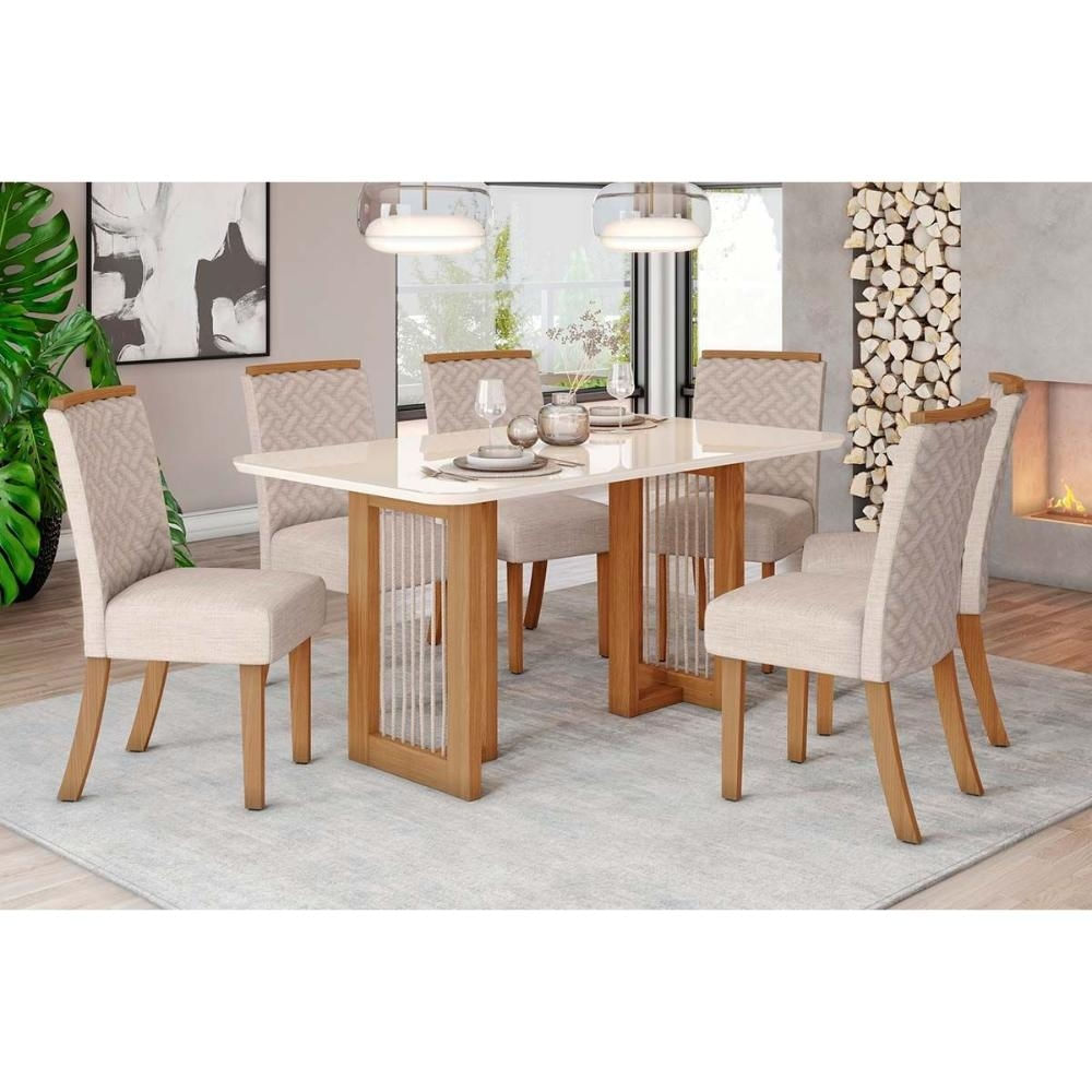 Mesa Sala Yara 160 + 6 Cad Malu Nature/Linho Henn