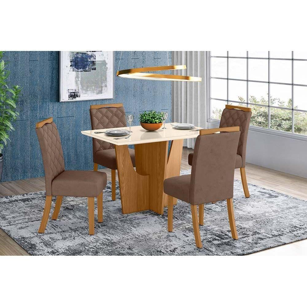 Mesa Cozinha Vértice 120 + 4 Cad Bella Nature/Amêndoa Henn