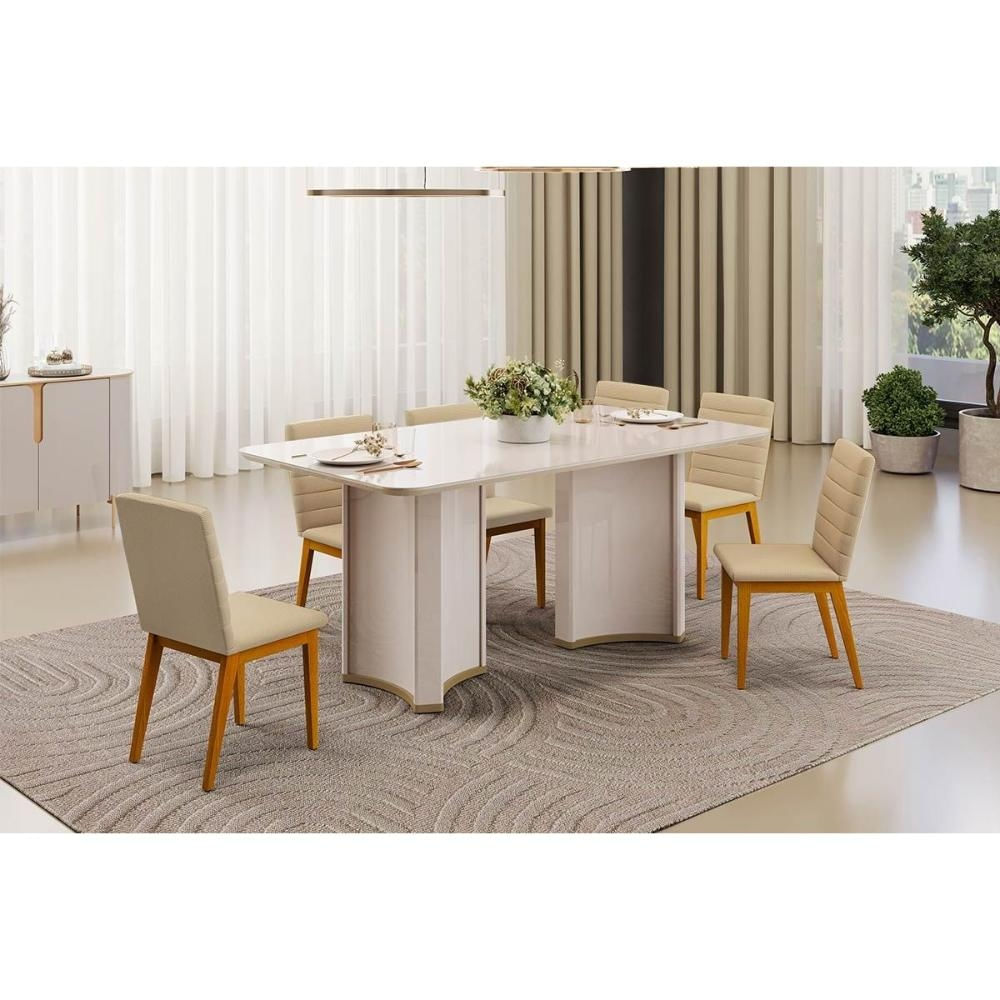 Mesa Sala Liz 180 + 6 Cad Sofia Off White DJ Móveis