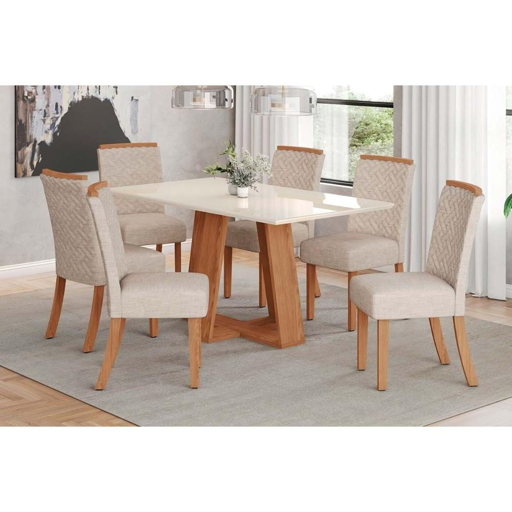 Mesa Sala Lins 160 + 6 Cad Malu Nature/Linho Henn