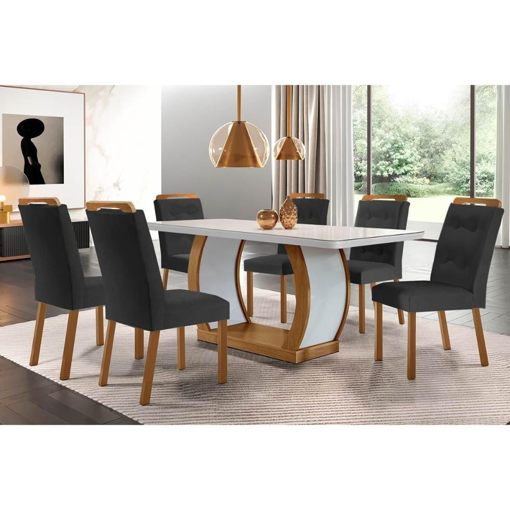 Mesa Sala Jade 180 + 6 Cad Imperatriz Imbu/Grafite Rufato