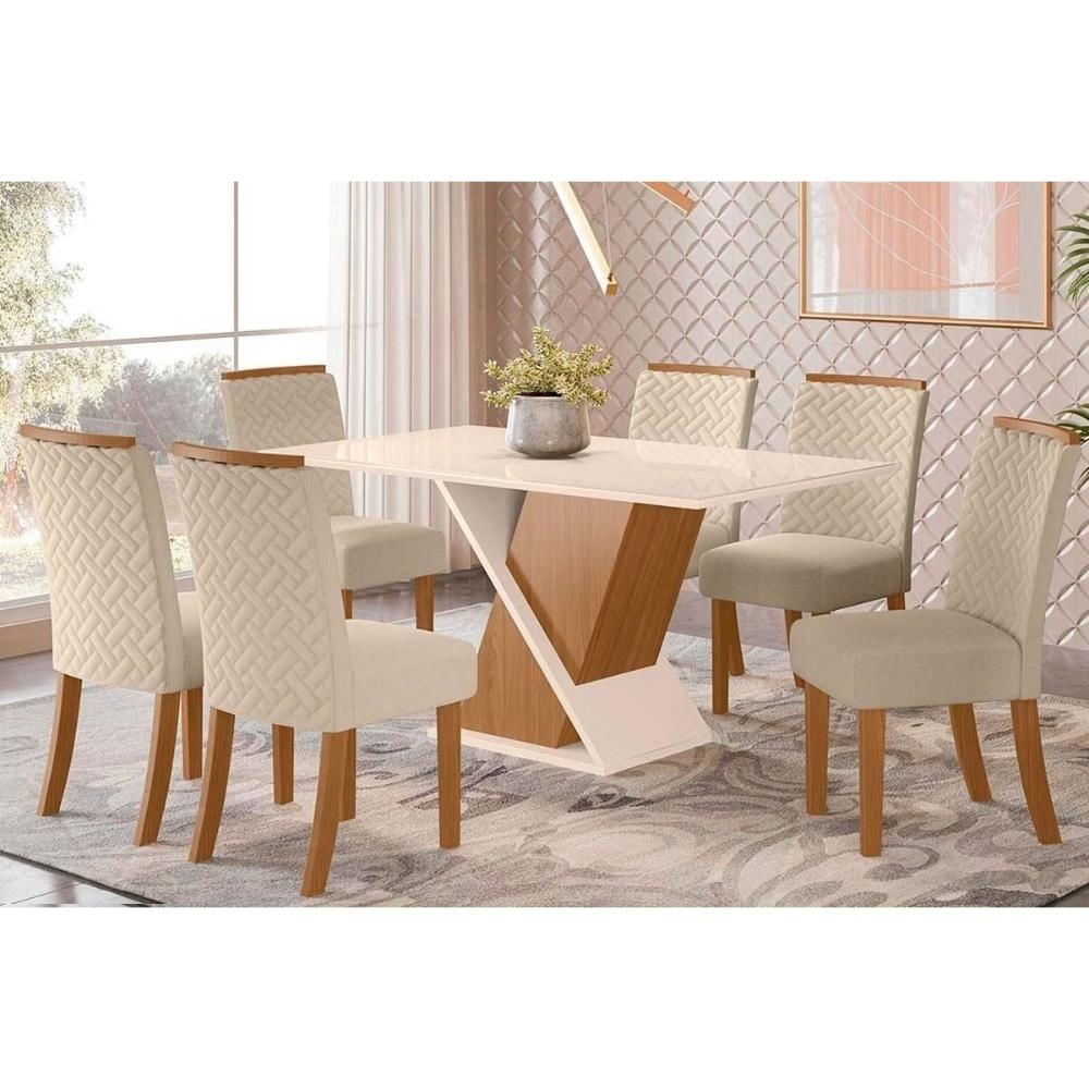 Mesa Cozinha Solus 160 + 6 Cad Malu Nature/Linho Henn