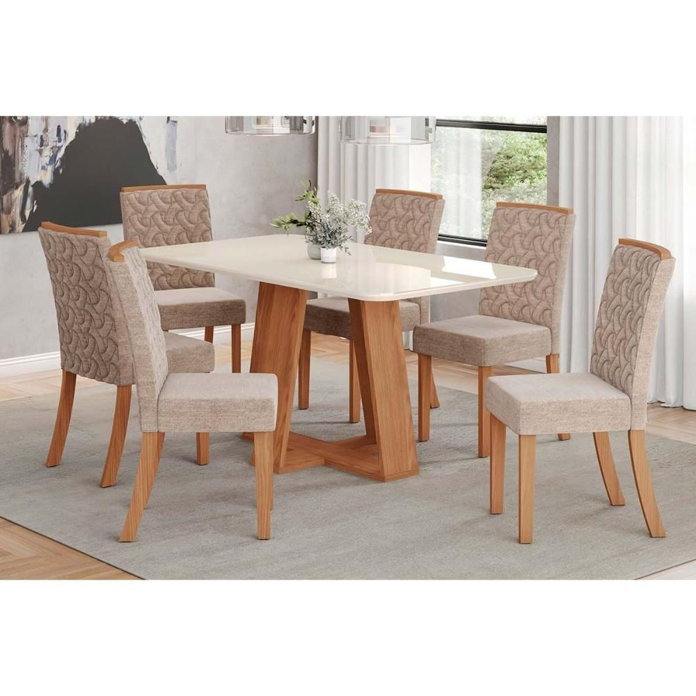 Mesa Sala Lins 160 + 6 Cad Esther Nature/Linho Creme Henn