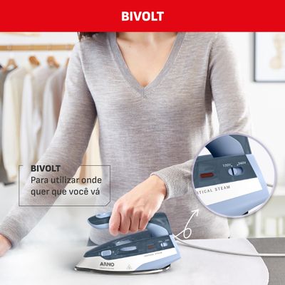 Ferro a Vapor de Viagem Arno Travelgliss Base em Aço Inox Azul e Branco Bivolt