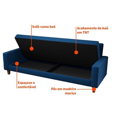Sofá-Cama Casal 3 Lugares Samper com Baú Linho Azul Marinho