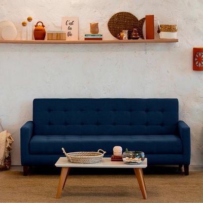 Sofá-Cama Casal 3 Lugares Samper com Baú Linho Azul Marinho
