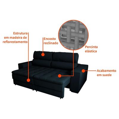 Sofá 2 Lugares Retrátil e Reclinável Montevideo Suede Preto