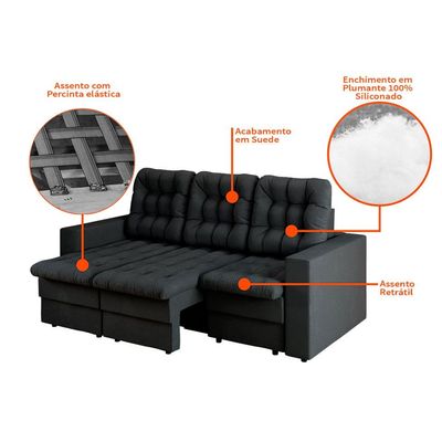 Sofá 3 Lugares Retrátil Lubeck Plush Suede Grafite 210 cm