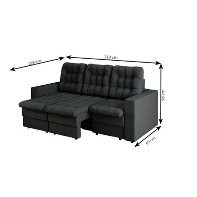 Sofá 3 Lugares Retrátil Lubeck Plush Suede Grafite 210 cm