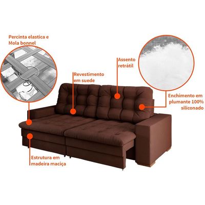 Sofá 4 Lugares Retrátil Lubeck Plush Suede Marrom 250 cm