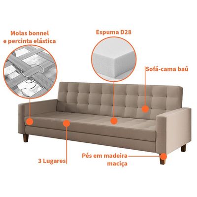 Sofá-Cama Casal 3 Lugares Samper com Baú Linho Bege