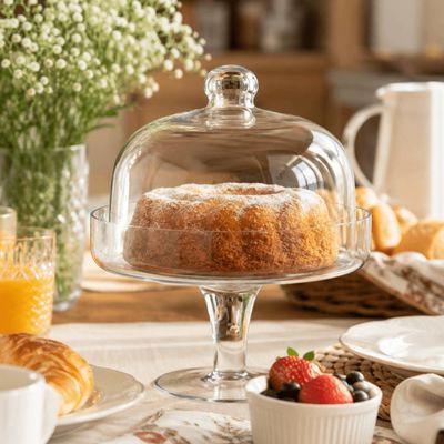 Prato para Bolo Festa com Pé e Tampa Vidro 26cm L'Hermitage Sobremesa Boleira Mesa Posta