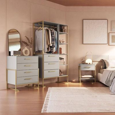 Jogo Quarto 3pçs Industrial Closet Cômoda Mesa de Cabeceira Arena Dourado Placa e Ponto