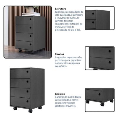Kit Mesa Industrial para Escritório e Gaveteiro 4 Gavetas Grafite Placa e Ponto Elegante