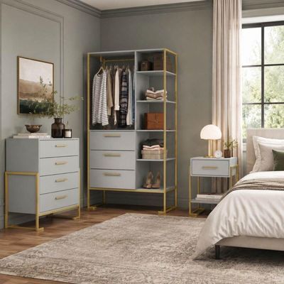 Jogo Quarto 3pçs Industrial Closet Cômoda Mesa de Cabeceira Arena Dourado Placa e Ponto